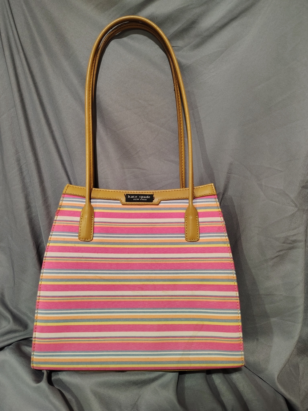 kate spade Pink Multi-Color Striped Canvas Tote with Tan Handles